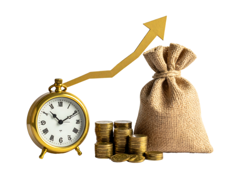 Gold clock, coins, money bag, and upward arrow symbolize growth over time