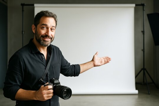 Photographer smiling and pointing at blank white backdrop in studio, ideal for creative mockup, design template, or copy space presentation use. Ai generative