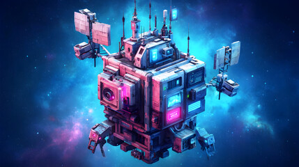 space station with glowing windows, floating satellites, colorful stars, and distant galaxies