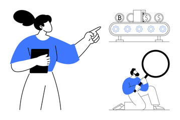 Woman presenting ideas with tablet, assembly line with coins and gears, man analyzing data using a magnifying glass. Ideal for teamwork, leadership, innovation, analysis, productivity, strategy