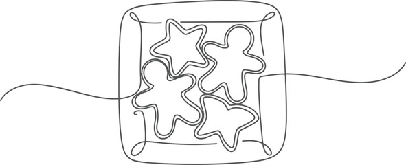 Whimsical line art illustration of gingerbread cookies in a square dish, evoking festive cheer