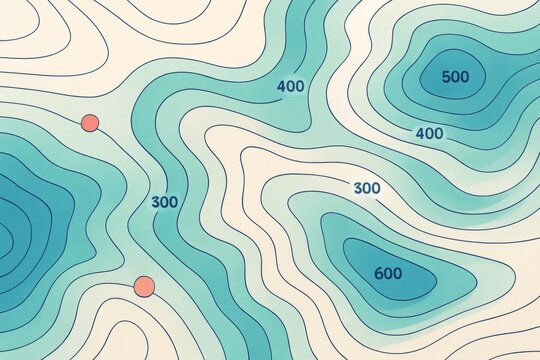 Topographic contour map with numeric elevation levels and red markers on a smooth light abstract science background in blue tones. Ai generative. Ai generative