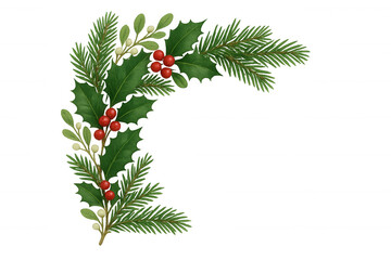Christmas border with holly leaves, red berries, mistletoe, and spruce branches on transparent background