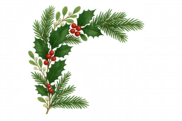 Christmas border with holly leaves, red berries, mistletoe, and spruce branches on transparent background