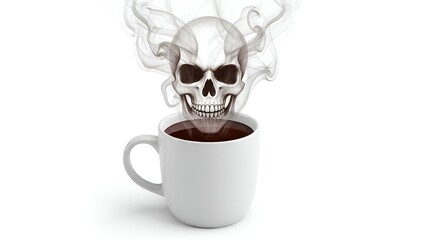 Danger of caffeine A skull-shaped steam rises from a cup of coffee, symbolizing the harmful effects of excessive consumption