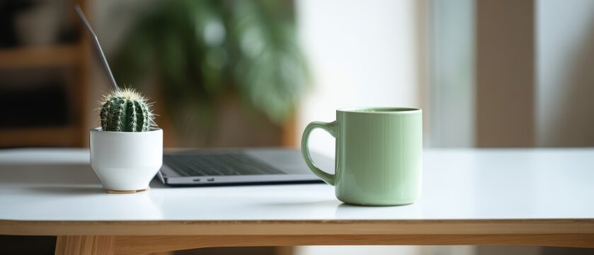 The green mug and cactus in a stylish workspace setting.