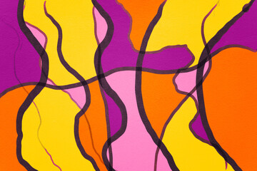 Colorful abstract mural features flowing lines and vibrant shapes in shades of yellow, orange, purple, and pink