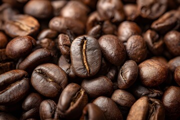 Naklejka premium Close-up of roasted coffee beans showcasing rich texture, deep brown tones, and aromatic freshness