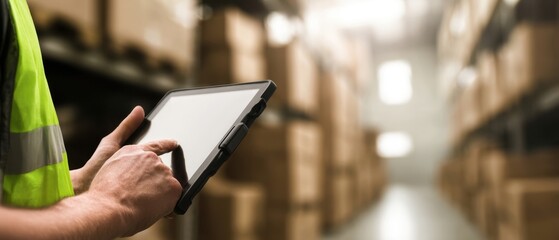 The warehouse worker using a tablet for inventory management and logistics.