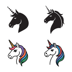 Four unicorn heads depicting two black silhouettes and two colorful illustrations