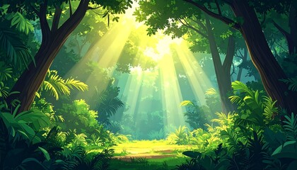 Lush jungle path bathed in sunlight
