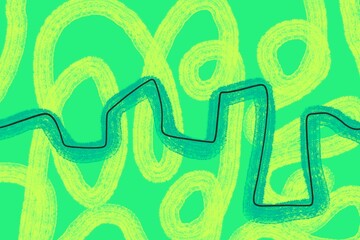 Colorful abstract pattern with green backdrop and winding lines in various shades creating a lively artistic design