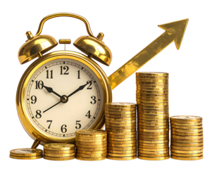 A gold alarm clock sits beside a rising stack of gold coins, with a matching gold arrow pointing upward, symbolizing the growth of wealth over time