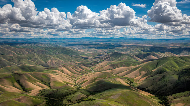 wind farm on rolling green hills with bright blue sky and fluffy clouds