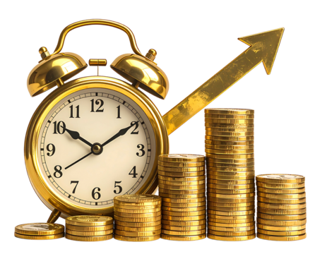 A gold alarm clock sits beside a rising stack of gold coins, with a matching gold arrow pointing upward, symbolizing the growth of wealth over time