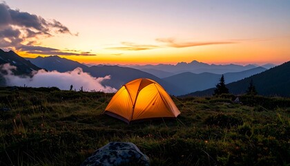 Mountaintop campsite at sunset