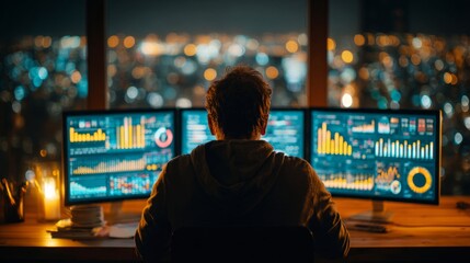 Man analyzing financial data on multiple monitors at night
