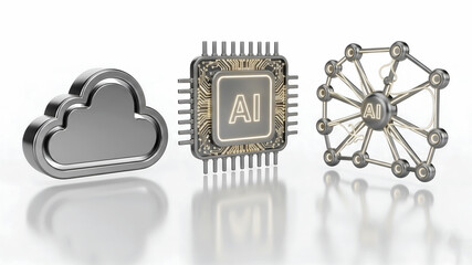 Cloud Computing with Processor and Digital Network Nodes, 3D illustration of a metallic cloud icon with AI processor and connected molecule-style nodes, representing digital data technology.