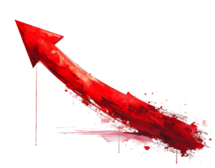 A vibrant red arrow ascends sharply, its glossy surface contrasting with a dynamic, paint-splattered base in shades of red and white, suggesting motion and growth