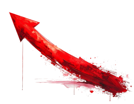 A vibrant red arrow ascends sharply, its glossy surface contrasting with a dynamic, paint-splattered base in shades of red and white, suggesting motion and growth