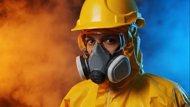 Person in yellow hazmat suit, gas mask, and hard hat in smoky environment with colored lighting