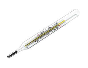 A clear glass medical thermometer, displaying a temperature reading, lies at an angle against a black background