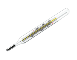 A clear glass medical thermometer, displaying a temperature reading, lies at an angle against a black background