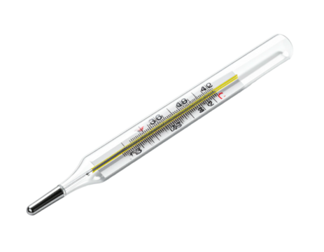 A clear glass medical thermometer, displaying a temperature reading, lies at an angle against a black background