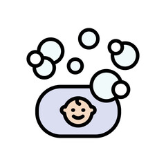 Soap, bubbles and smiling infant. Baby-friendly tear-free wash. Skin care products isolated color symbol.