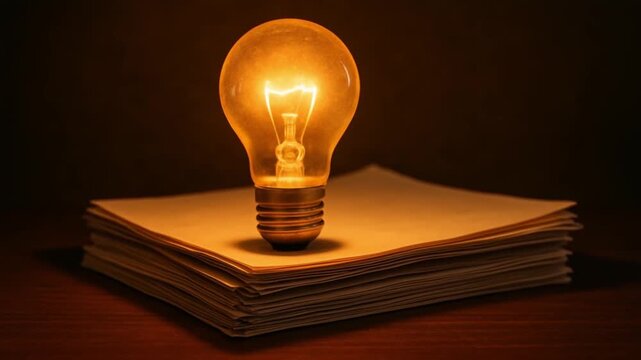 Strategic planning resources sustainability concept. Light bulb glowing above stacked papers in a dim setting.
