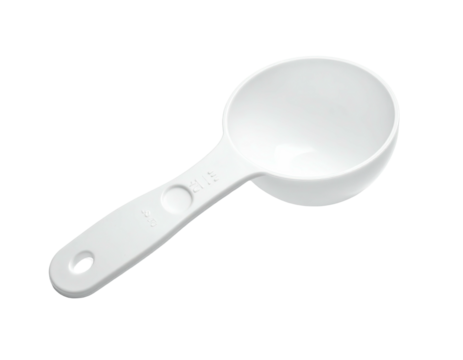 A single, white plastic measuring spoon with a rounded bowl and a long handle, angled slightly to the left