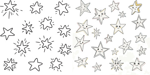 Whimsical Hand-Drawn Star Illustrations with Cute Expressions and Glowing Outlines