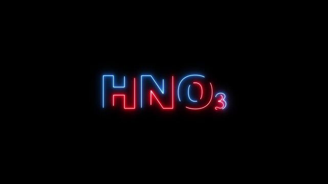 Red and blue neon sign spelling out HN O3 chemical formula on black background HNO3 nitric acid