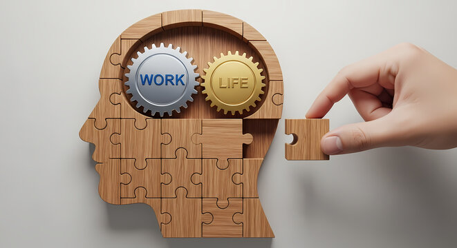 A hand places the final piece of a wooden jigsaw puzzle shaped like a human head, revealing interlocking gears for work and life, symbolizing balance.