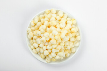 Fresh White Corn Kernels in Bowl on White Background