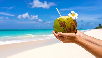 A pair of hands holds a fresh coconut with a straw and flower, offering a scenic beach view. Blue sky, white sand, and turquoise water