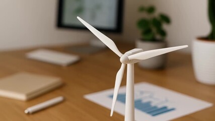 Strategic planning resources sustainability concept. Miniature wind turbine on a desk with graphs and a plant in the background. - Powered by Adobe