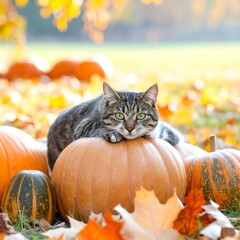 Tabby cat resting on pumpkin