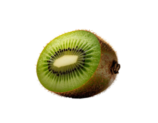 Halved vibrant green kiwi fruit, showcasing its inner core of tiny black seeds and bright white center against a stark black background.  The skin displays a fuzzy texture and subtle brown markings