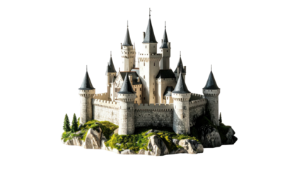 An intricately detailed miniature castle model, perched atop a rocky outcrop, features multiple towers, crenellations, and grey slate roofs against a black background