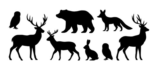 Black silhouette forest animals set - deer, bear, fox, rabbit and owl. Woodland and nature-themed vector elements. Christmas animals on white background.