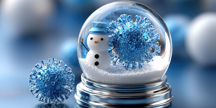 Snow globe with two cheerful snowmen and a giant virus molecule looming behind them, symbolizing a cozy holiday scene shaped by pandemic caution and new-normal celebrations - Powered by Adobe