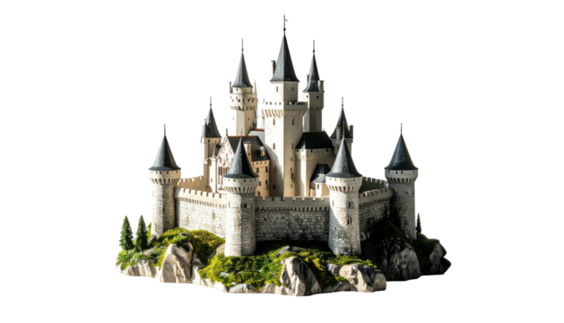 An intricately detailed miniature castle model, perched atop a rocky outcrop, features multiple towers, crenellations, and grey slate roofs against a black background