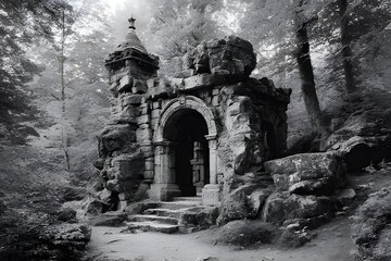 Ancient stone temple carved into rocky cliffside with arched columns and turreted tower in forest setting