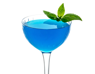 Vibrant blue cocktail in a coupe glass, garnished with fresh basil leaves.  The liquid is clear and bright, showcasing a deep azure hue