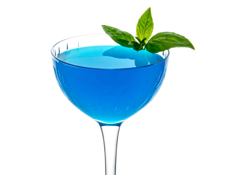 Vibrant blue cocktail in a coupe glass, garnished with fresh basil leaves.  The liquid is clear and bright, showcasing a deep azure hue
