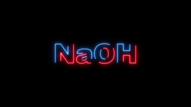Red and blue neon sign spelling out Na OH chemical formula on black background NaOH sodium hydroxide