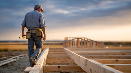 Skilled carpenter walking along wooden framework at construction site during sunset, showcasing craftsmanship and dedication to lumber construction project