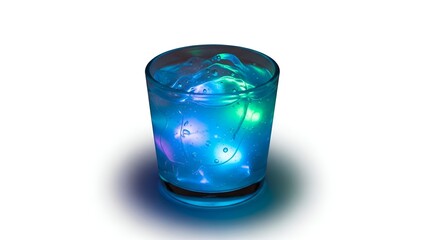 Luminous Chill A visually striking clear glass filled with bright, glowing ice cubes, emitting vibrant blue and green light, isolated on a clean white background