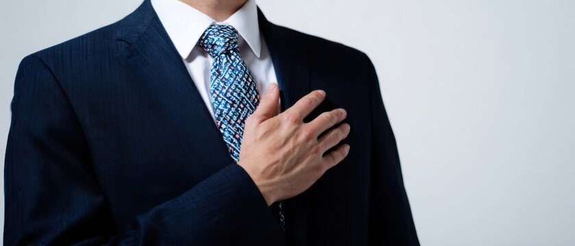 The Professional Man with Heartfelt Gesture in Formal Attire